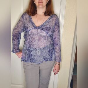 New York City Design CO XL Lngslv Womens Blouse Beaded Paisley V-Neck 100%SILK